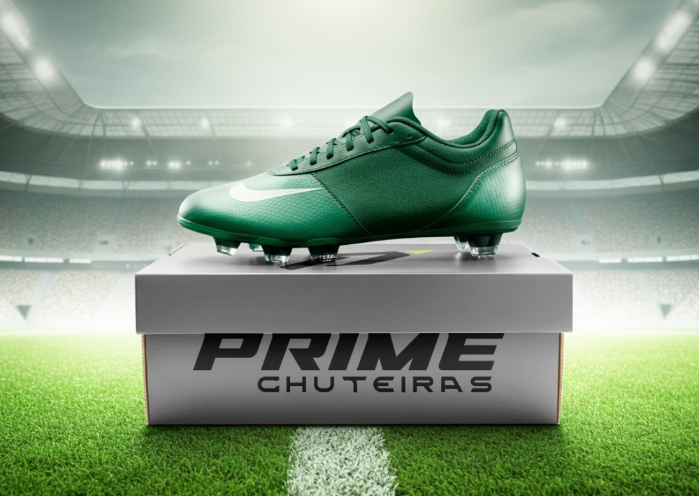 Chuteira verde sobre caixa Prime Chuteiras em estádio